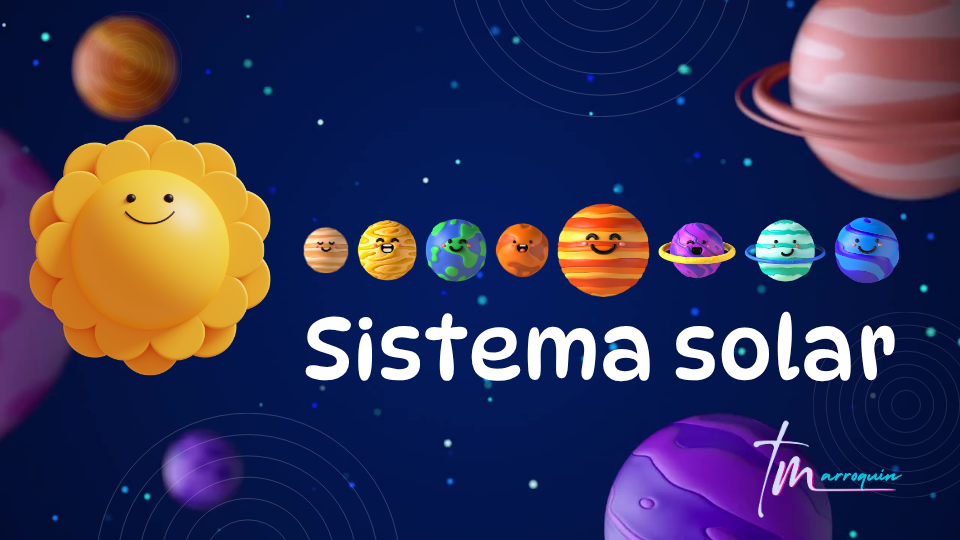 El sistema solar ilustrado con planetas, órbitas y el Sol en estilo infantil