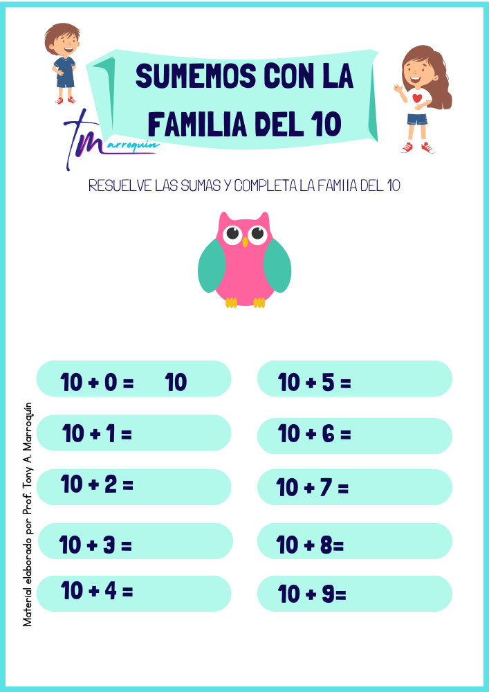 Ejercicios de sumas con la familia del 10 para niños