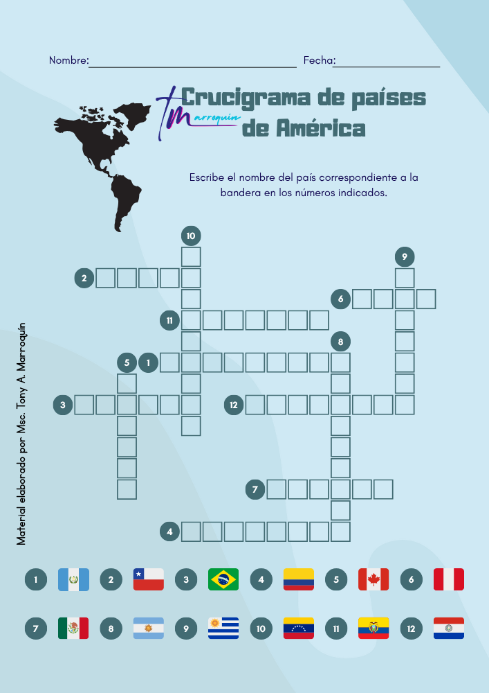 Crucigrama Países de América con banderas para identificar países