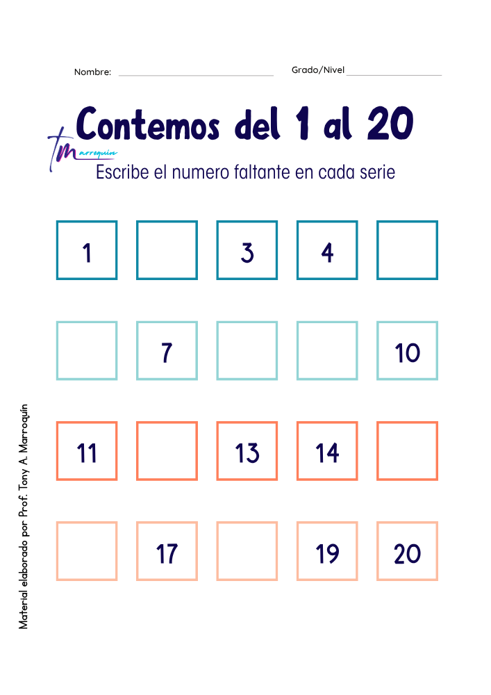 Número faltante del 1 al 20: actividad de conteo para niños