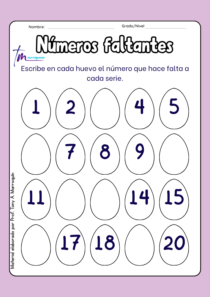 Números faltantes 2 del 1 al 20 con huevos sorpresa educativos