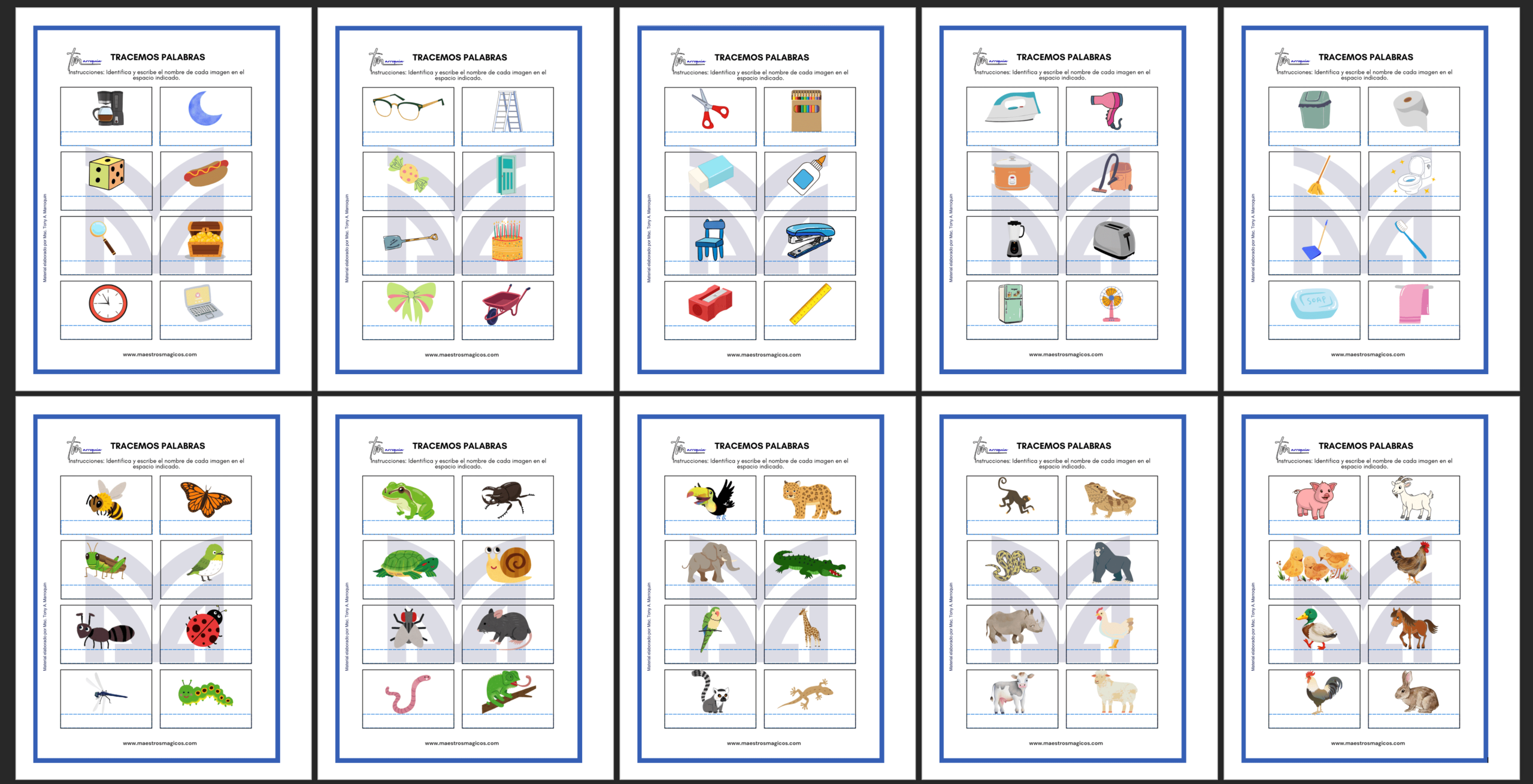 Cuadernillo Tracemos Palabras con 10 hojas ilustradas para niños