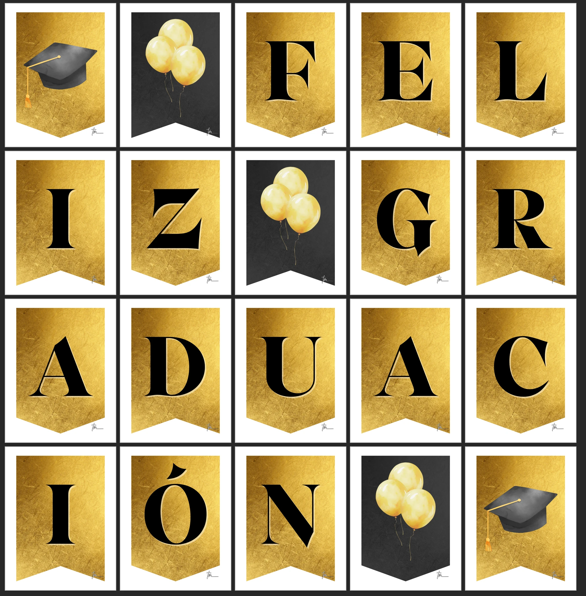 Banderín para FELIZ GRADUACIÓN en dorado y negro, con birretes y globos