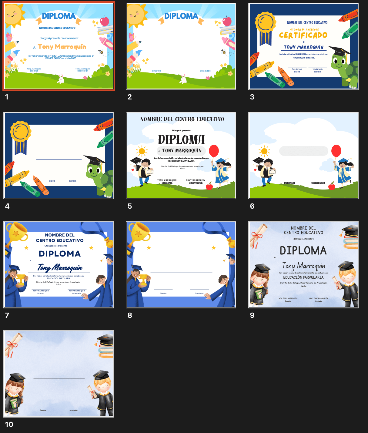 Diplomas infantiles 2: set de diplomas coloridos con personajes escolares y elementos de graduación