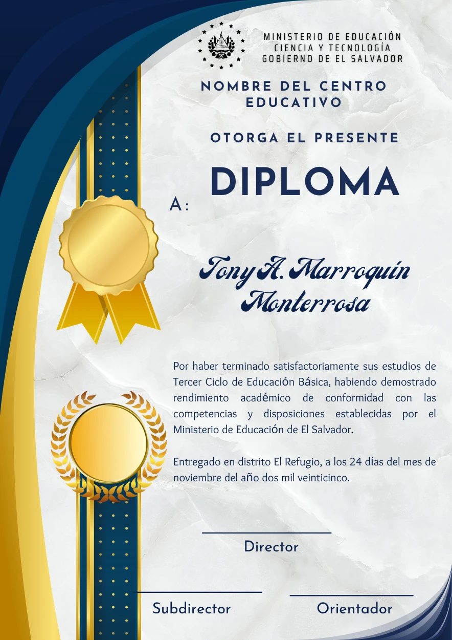 Colección premium de Diplomas escolares 1 en azul marino, dorado y mármol