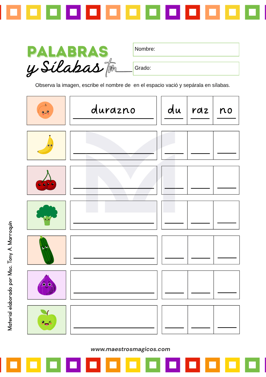 Separar palabras en sílabas 1: cuadernillo con 5 páginas de práctica