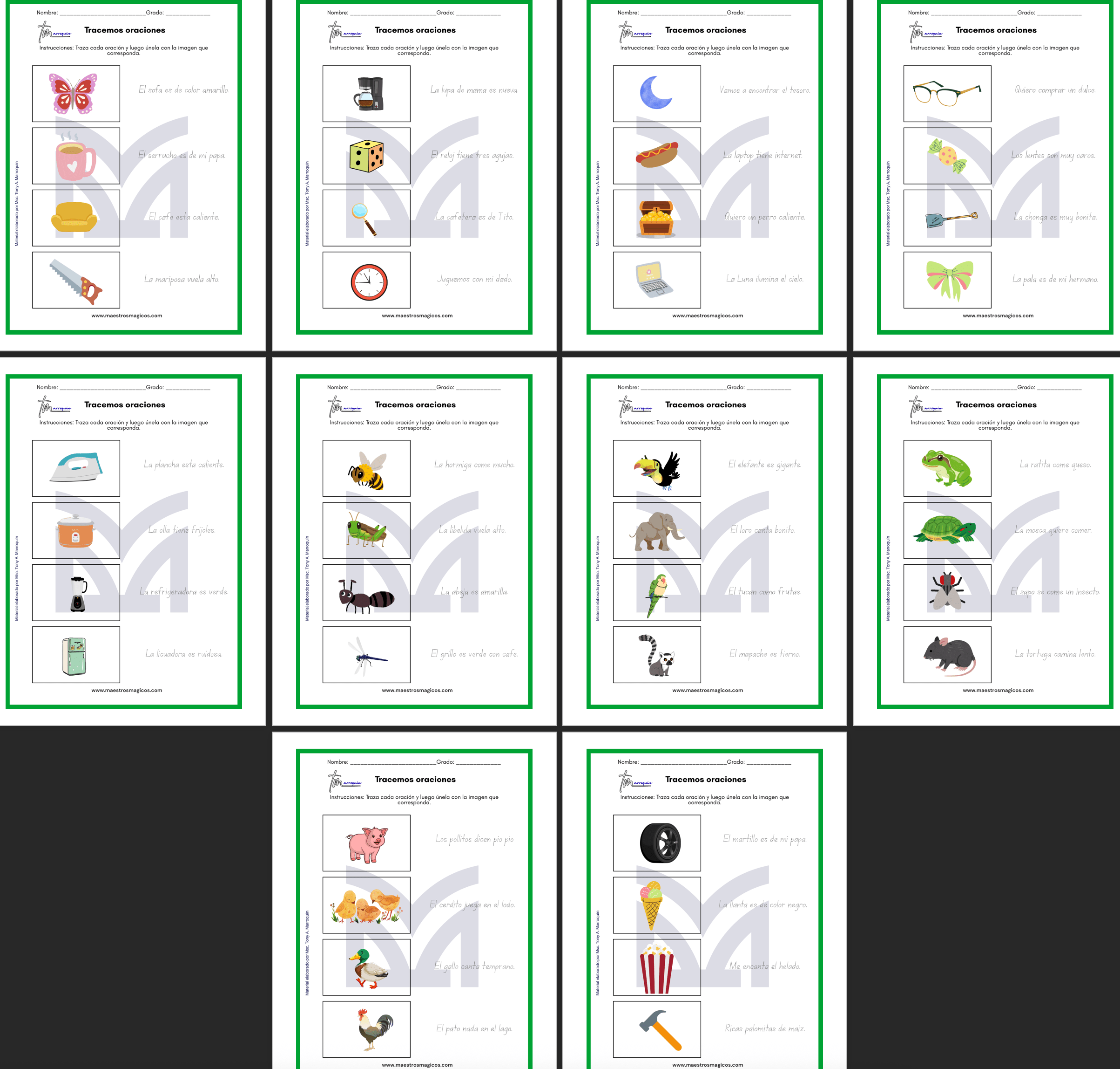 Juguemos a trazar oraciones: cuadernillo de 10 páginas con ejercicios de trazo y lectura
