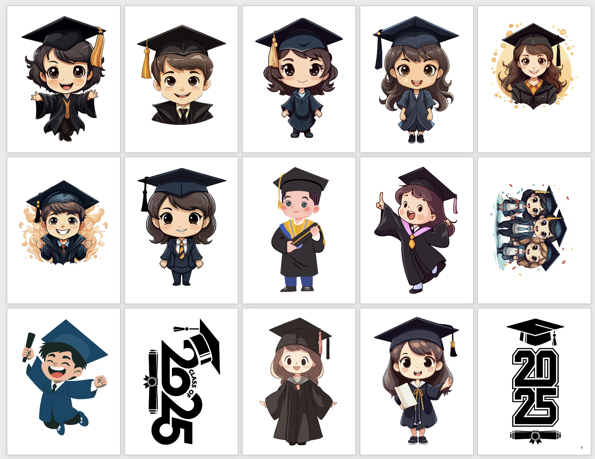 Colección de láminas para decorar graduación con personajes chibi y rótulos 2025
