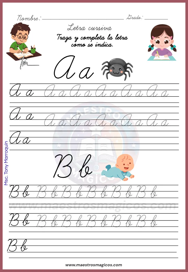 Letras Aa y Bb en el Cuadernillo de letra cursiva