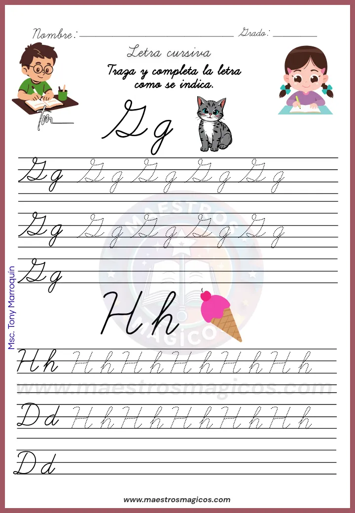 Letras Gg y Hh en el Cuadernillo de letra cursiva