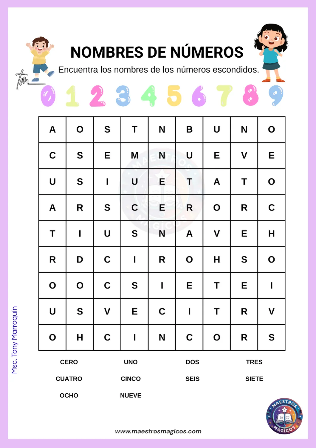 Sopa de letras de números - hoja 1