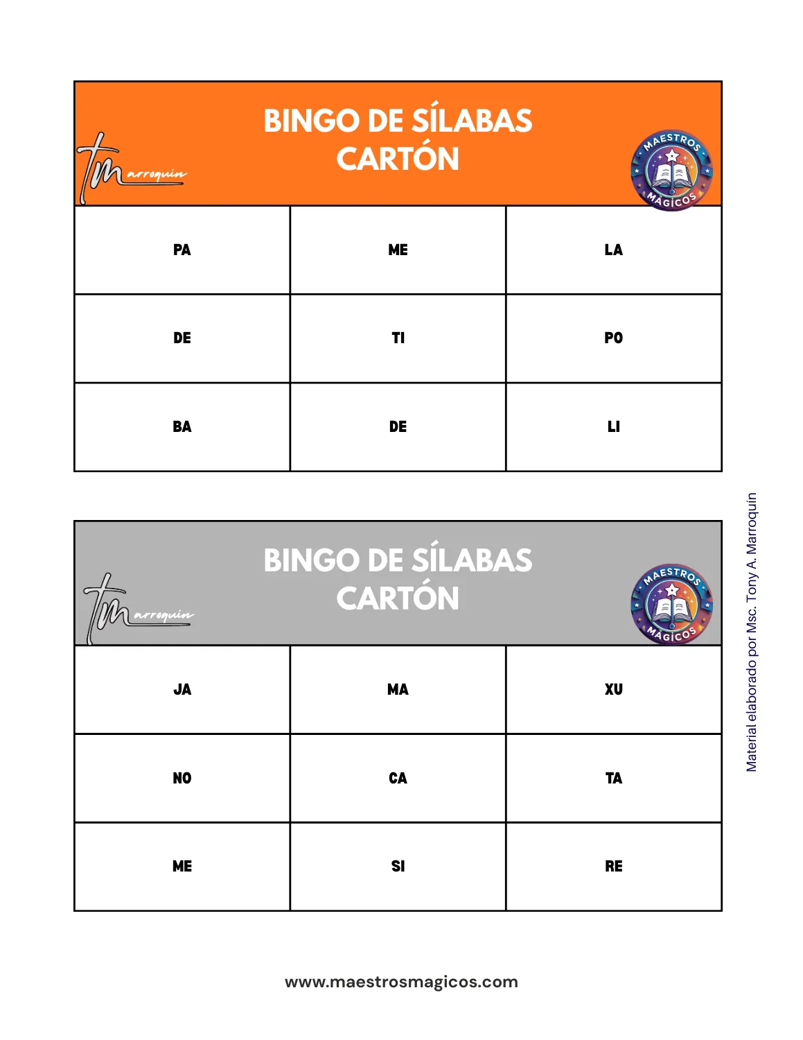 Bingo de sílabas - tarjetas recortables