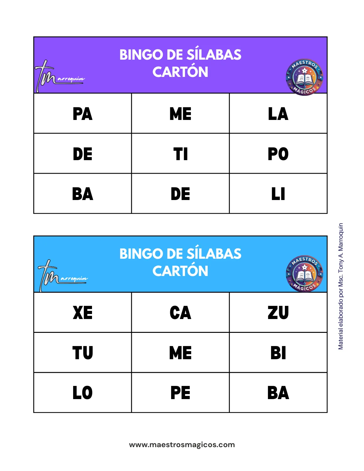 Bingo de sílabas - cartón 1