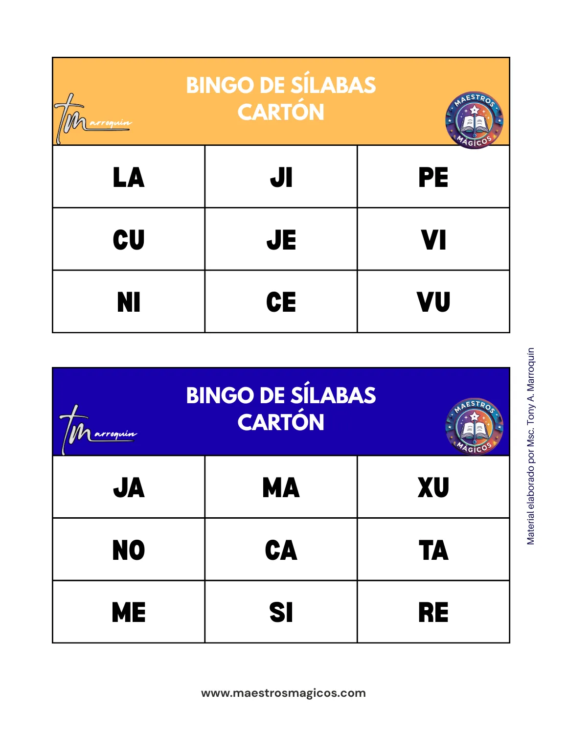 Bingo de sílabas - cartón 2