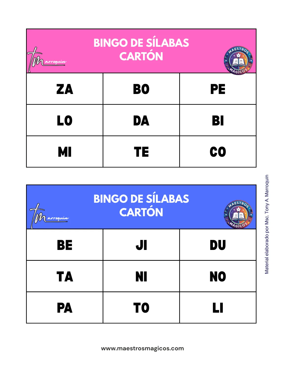 Bingo de sílabas - cartón 3
