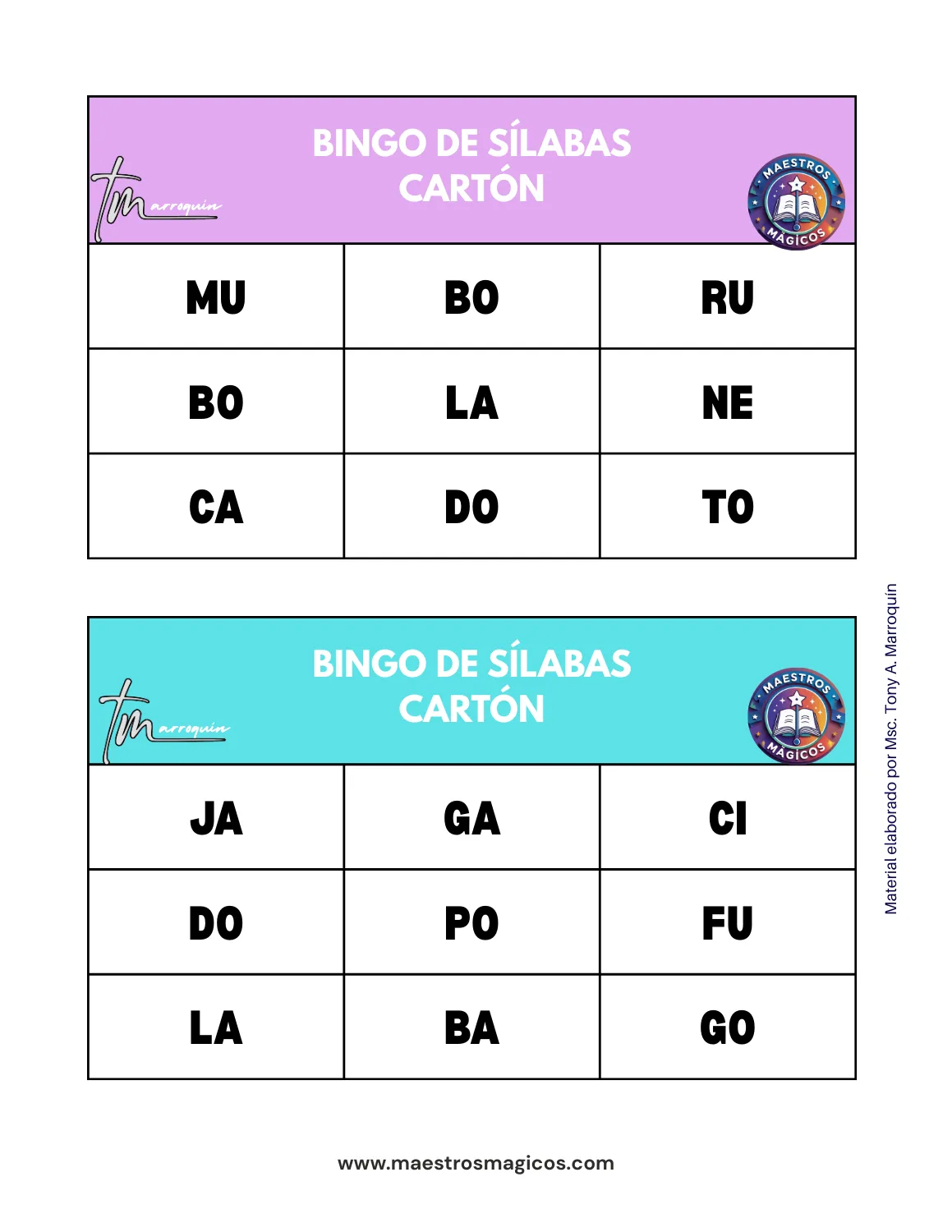 Bingo de sílabas - cartón 5