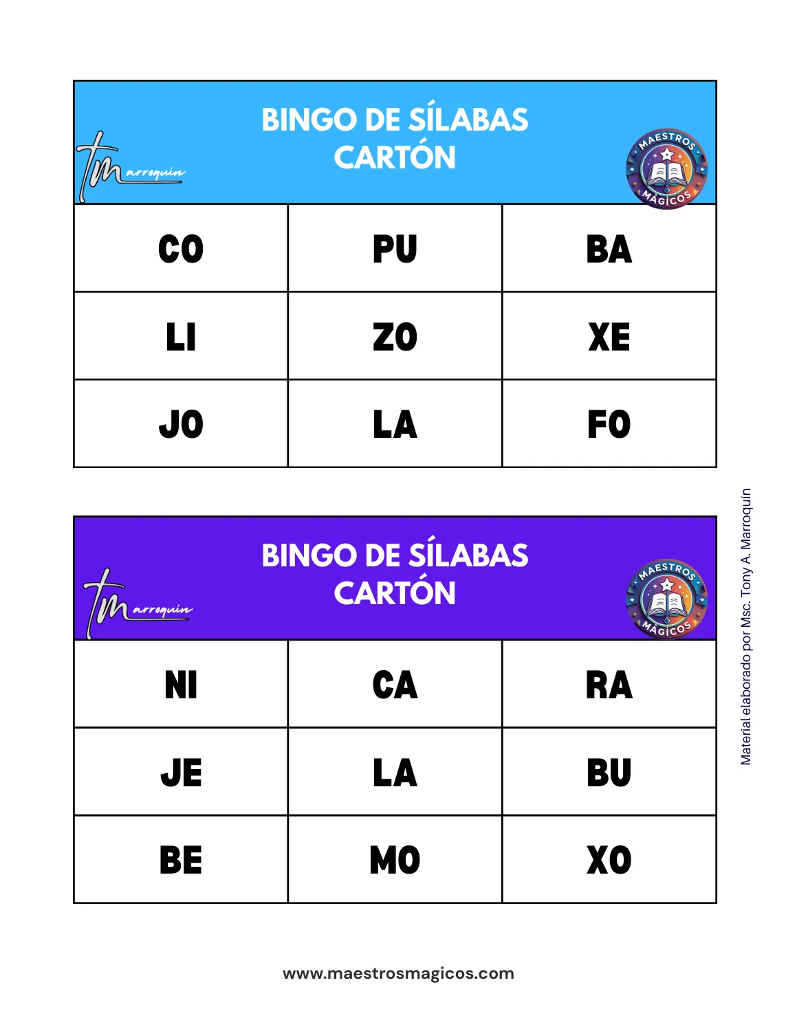 Bingo de sílabas - cartón 6