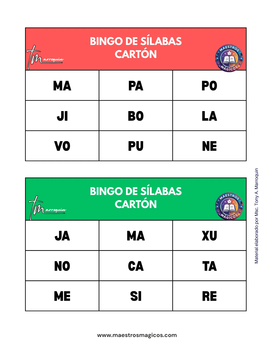 Bingo de sílabas - cartón 8