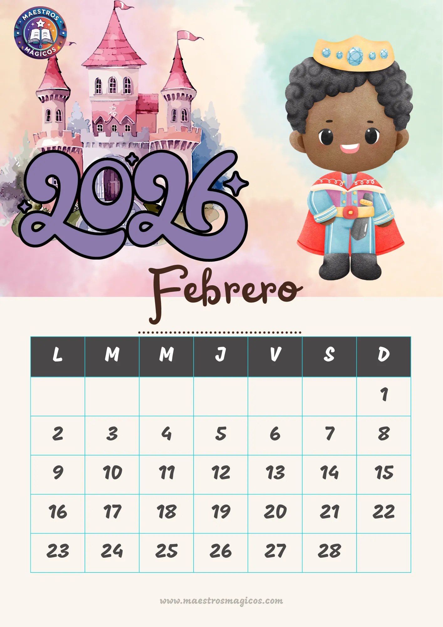 Calendario Febrero 2026 castillo mágico