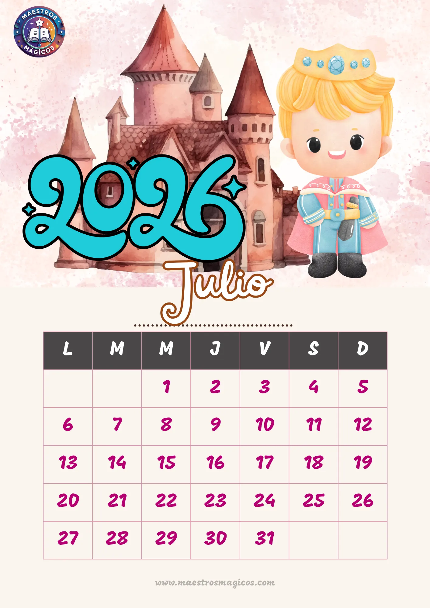 Calendario Julio 2026 reino de verano
