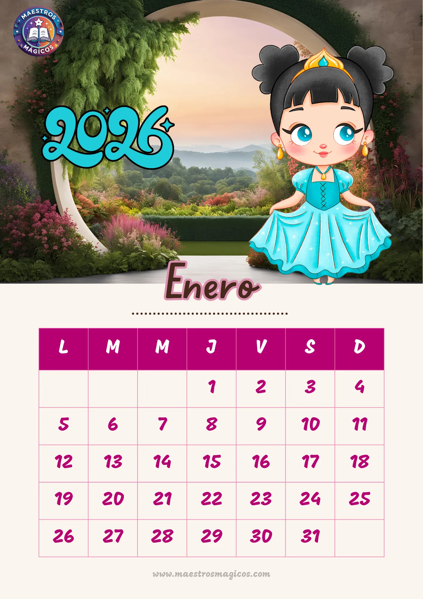 Calendario 2026 princesas portada PDF