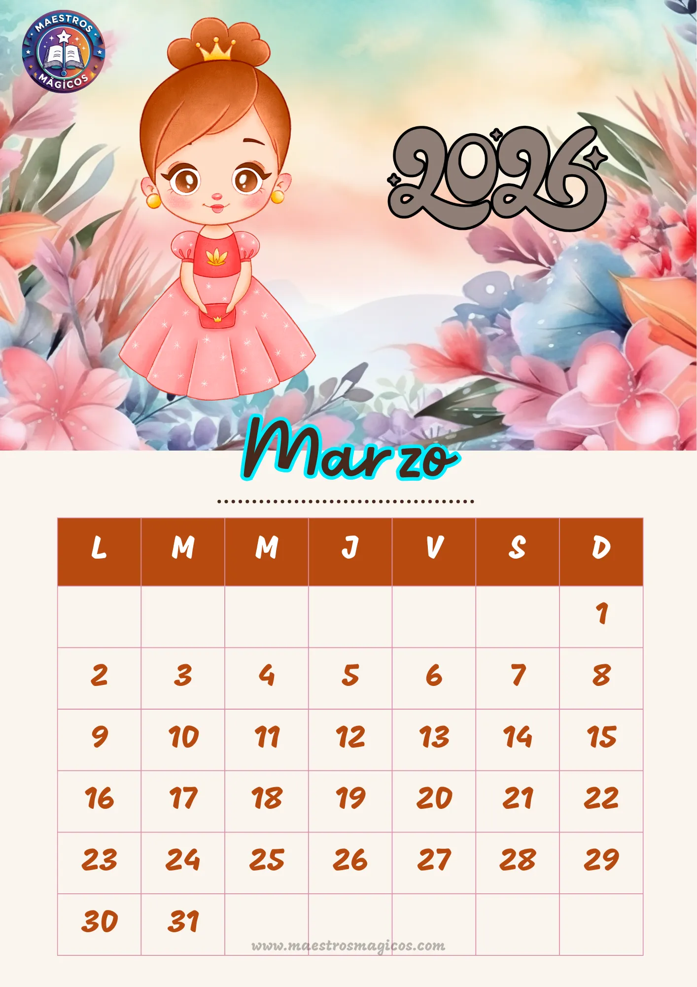 Calendario Marzo 2026 princesas