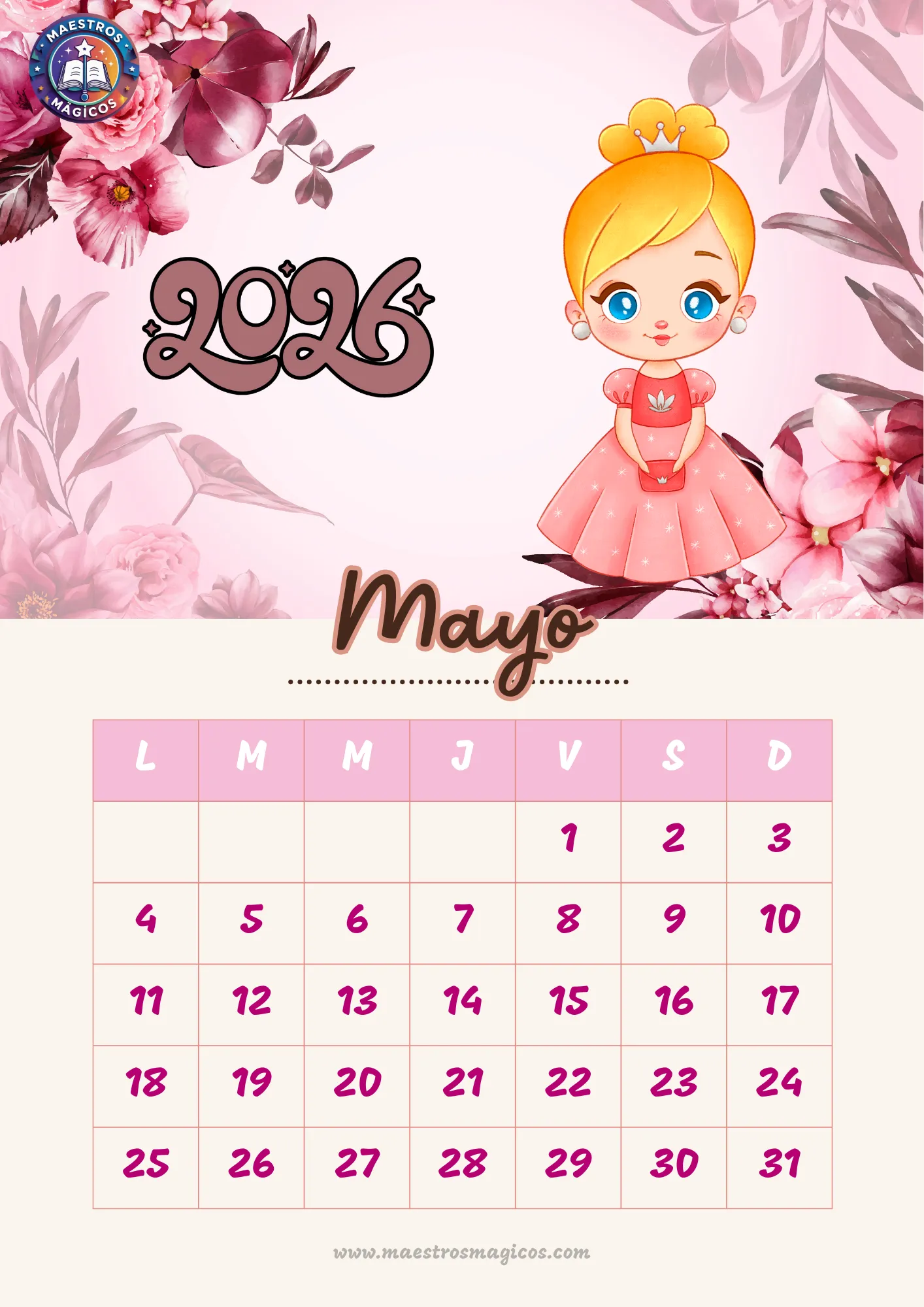 Calendario Mayo 2026 princesas