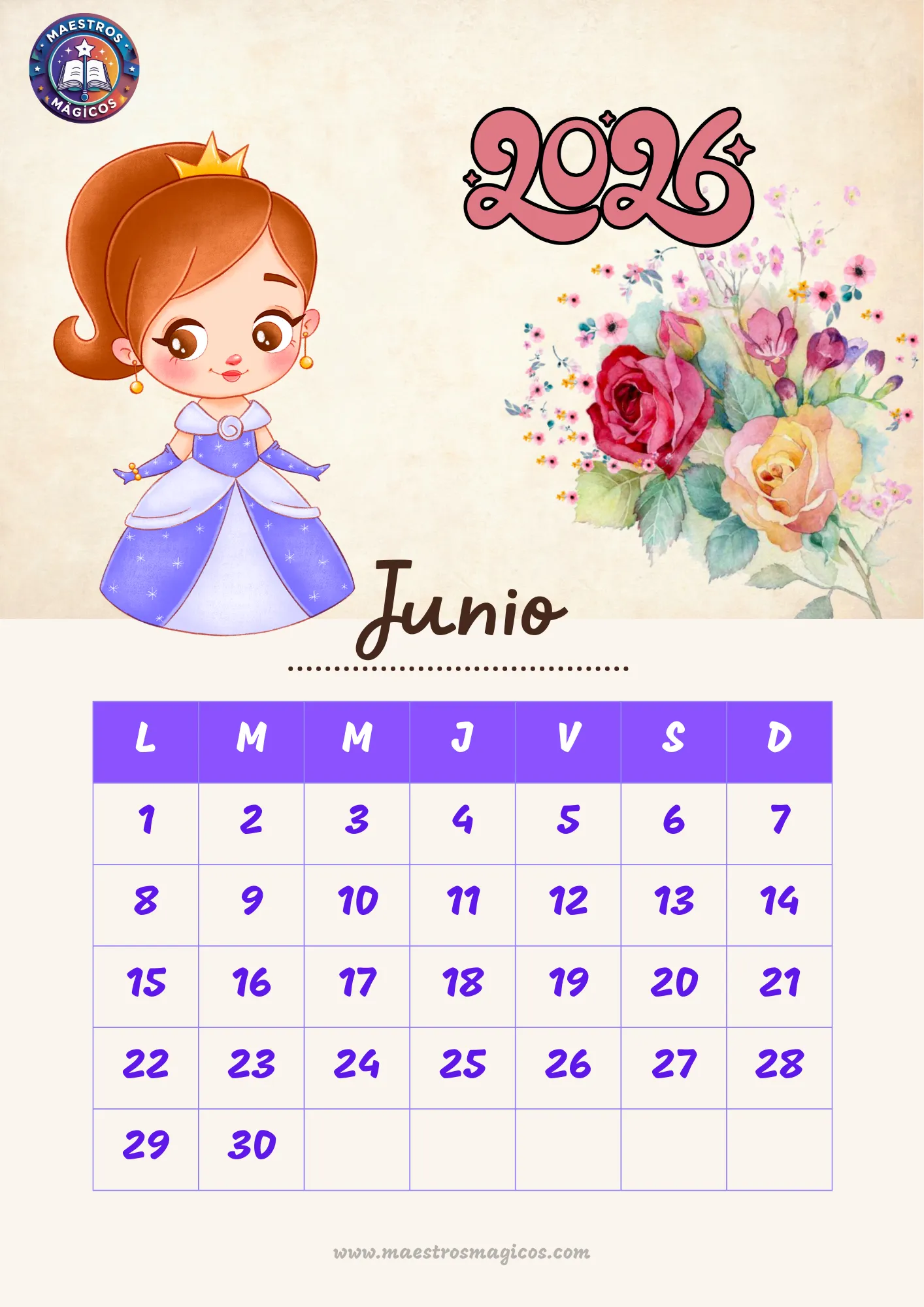 Calendario Junio 2026 princesas