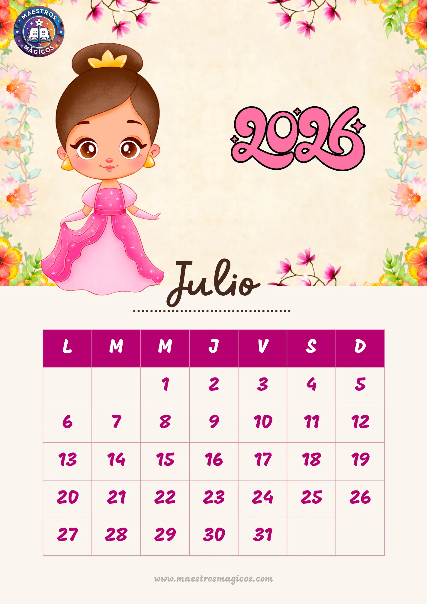Calendario Julio 2026 princesas