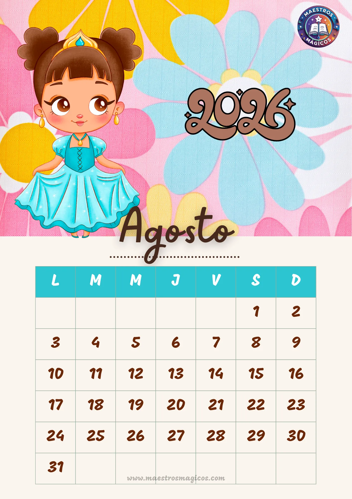 Calendario Agosto 2026 princesas