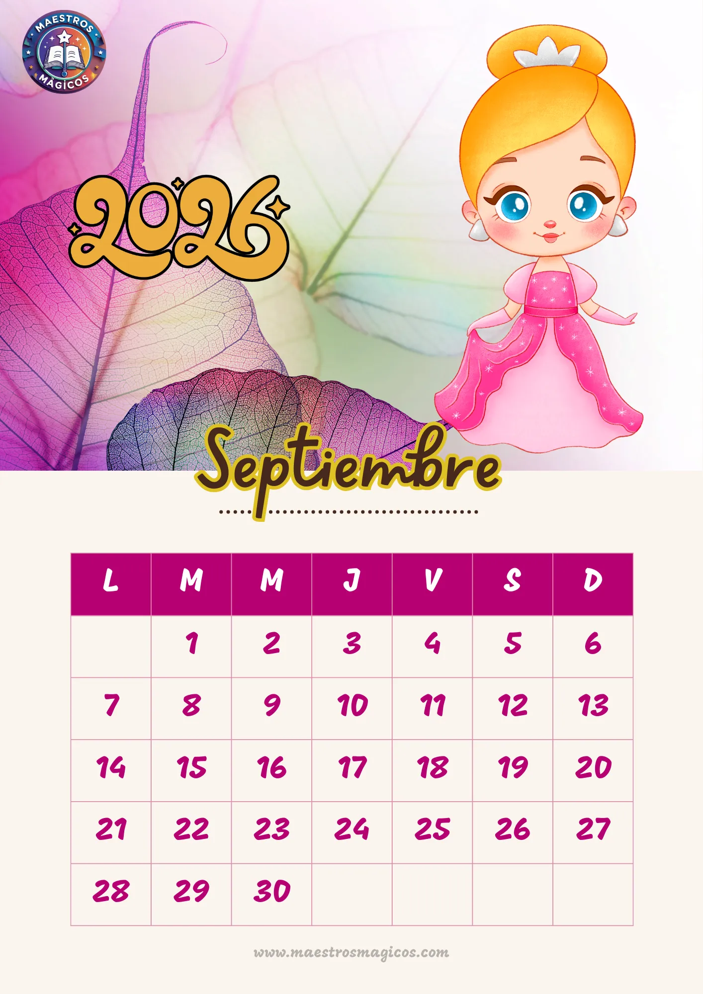 Calendario Septiembre 2026 princesas