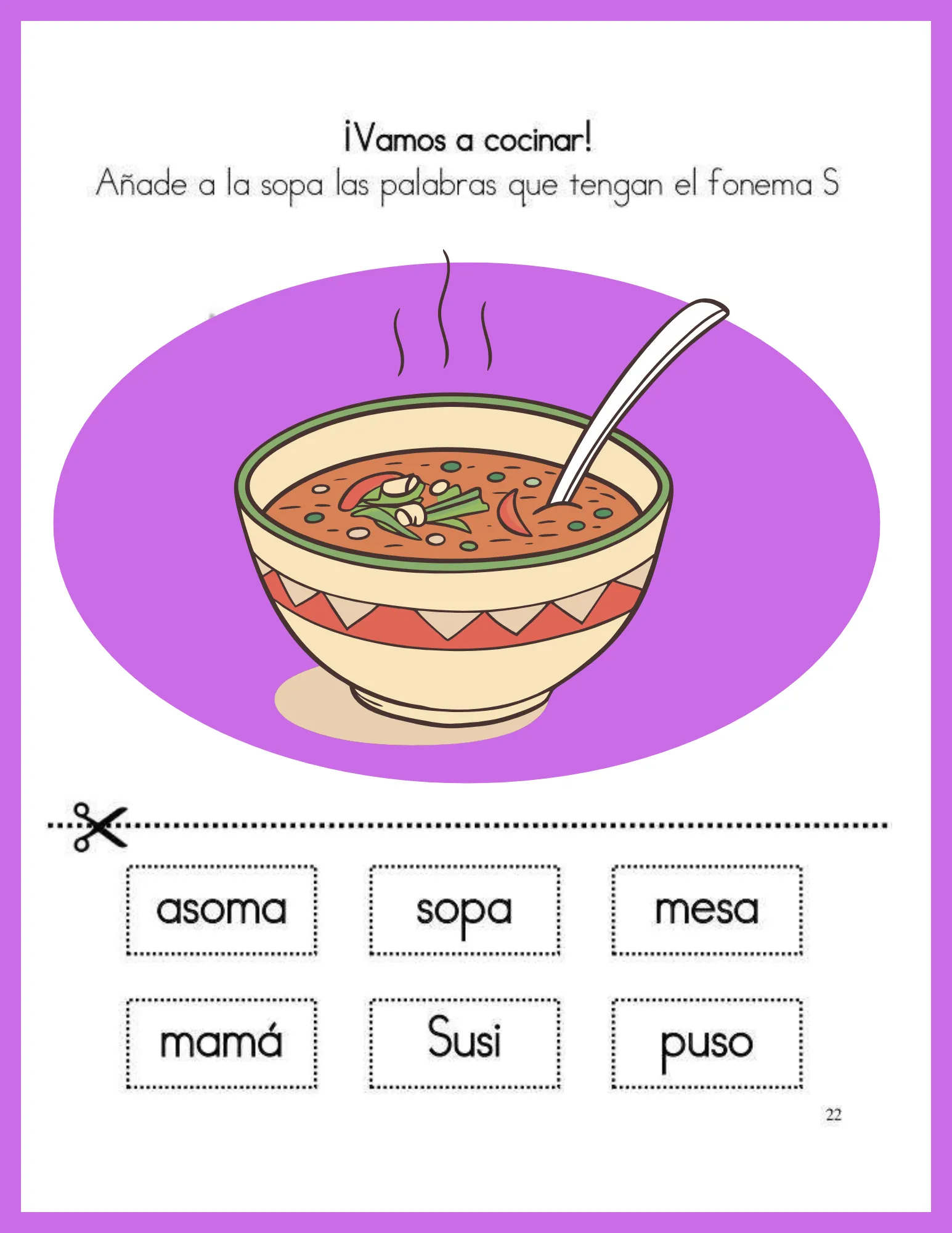 Sopa de letras silabica cocina
