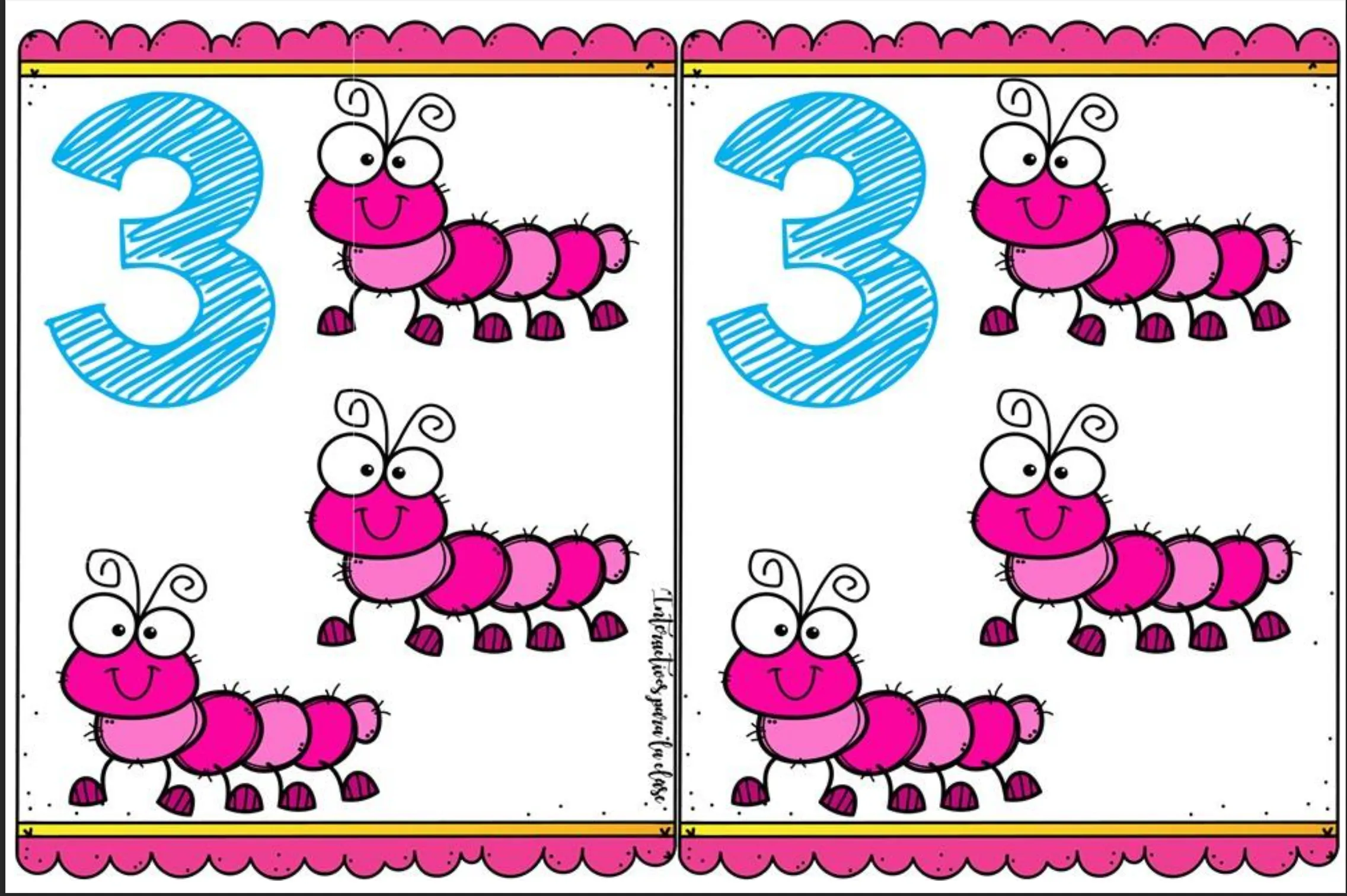 Tarjeta memorama número 3 orugas