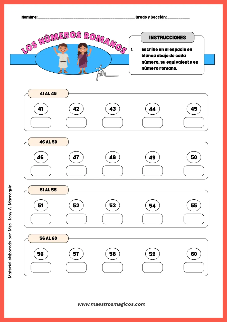 Ejercicios números romanos 41 al 60