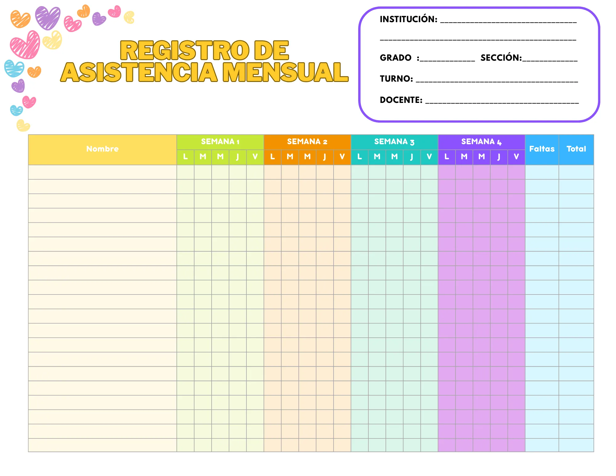 Formato asistencia pastel corazones