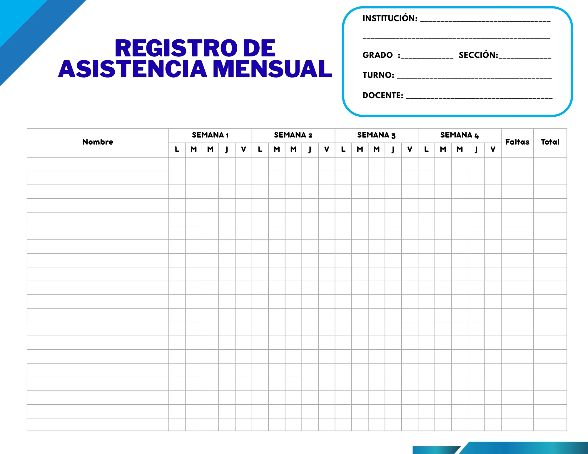 Formato asistencia azul geométrico
