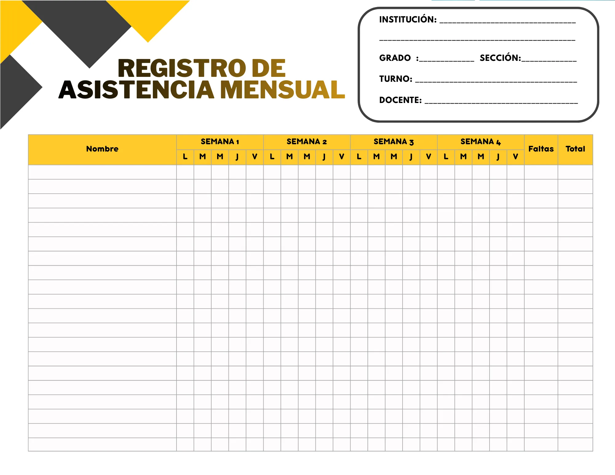 Formato asistencia moderno amarillo negro