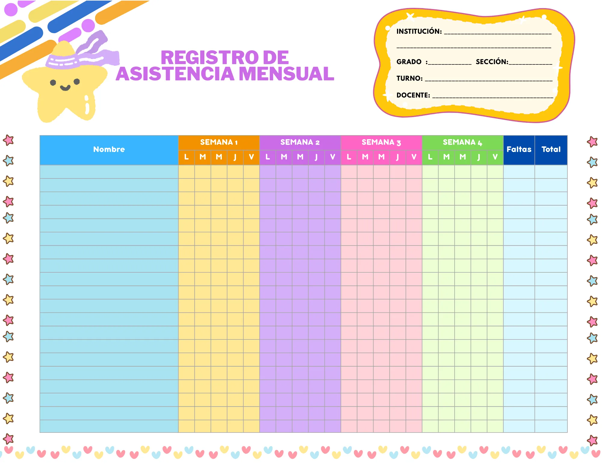 Formato asistencia nubes rosa