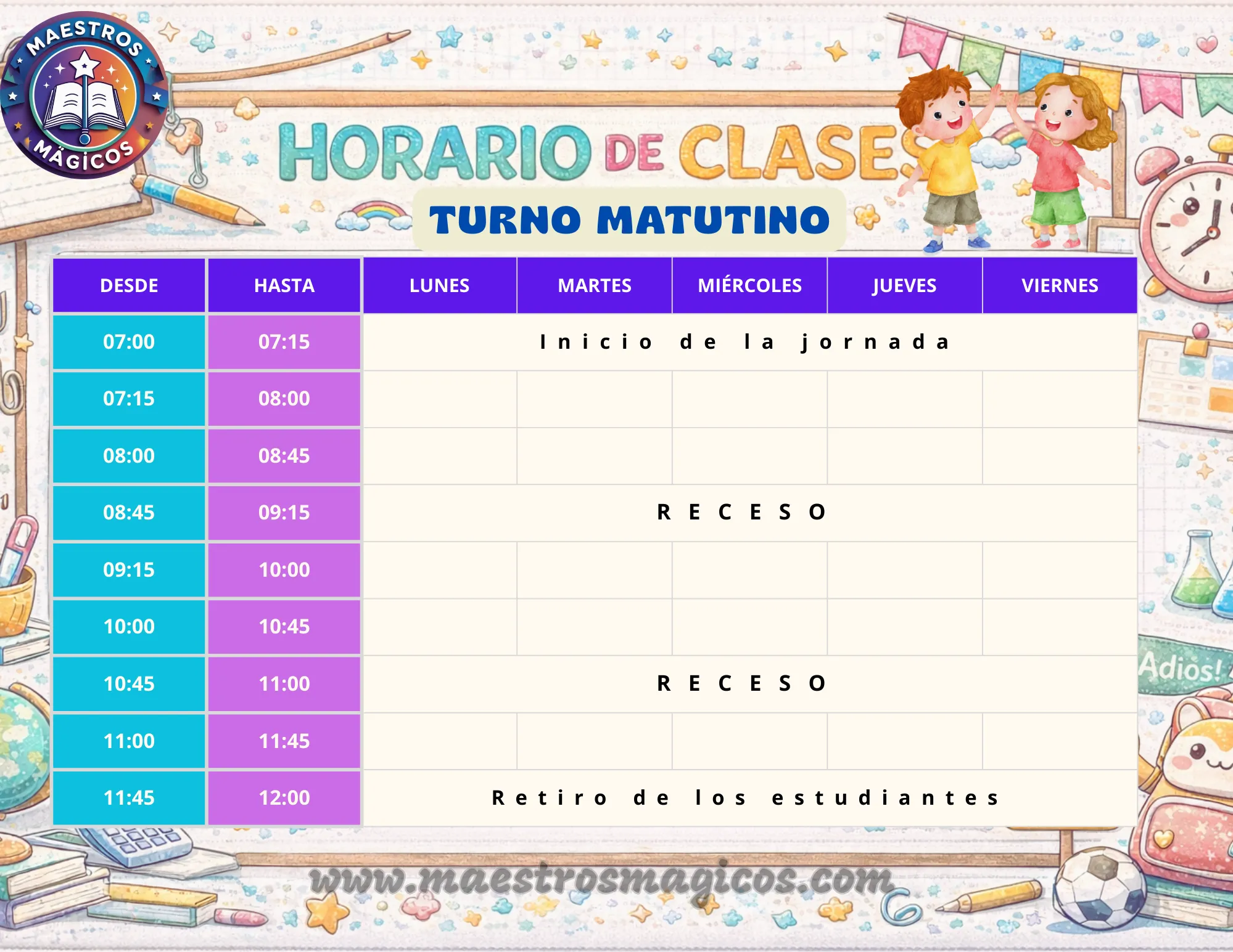 Horarios escolares 2026 plantillas PDF