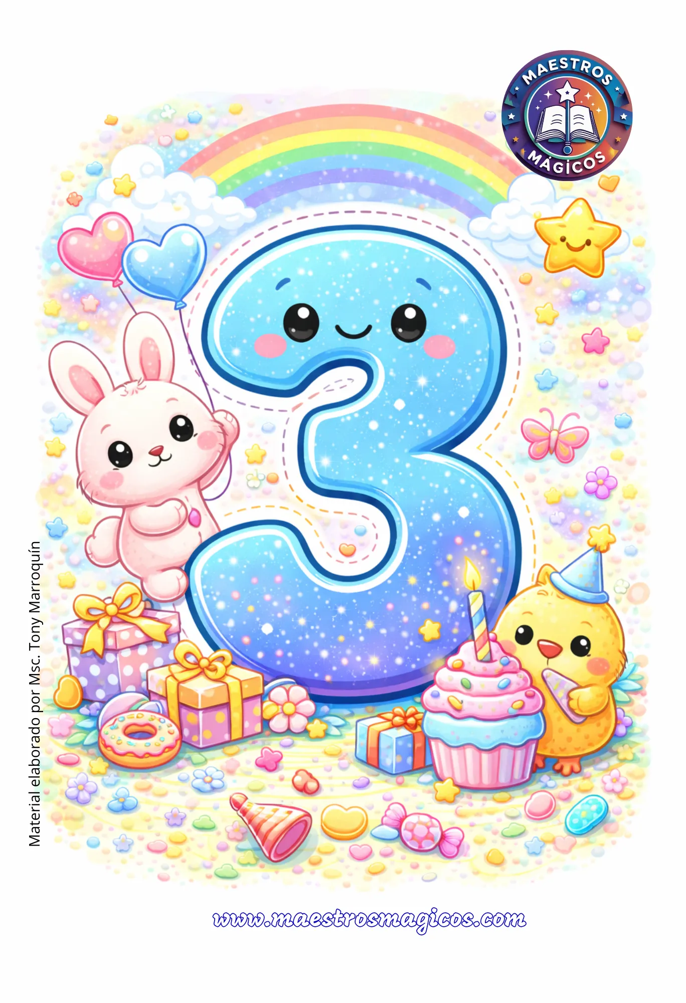 Número 3 cartel conejo azul