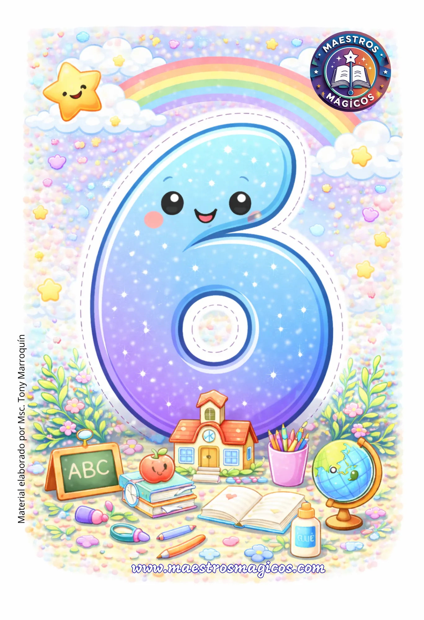 Número 6 cartel escuela kawaii