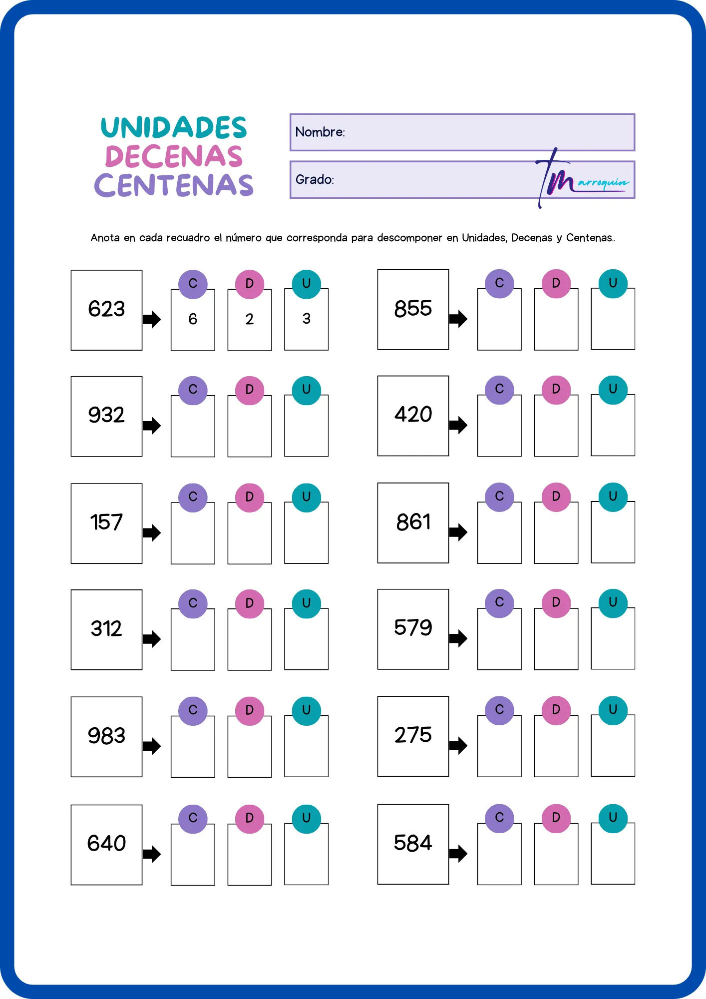 Unidades, decenas y centenas Ficha técnica de valor posicional 1
