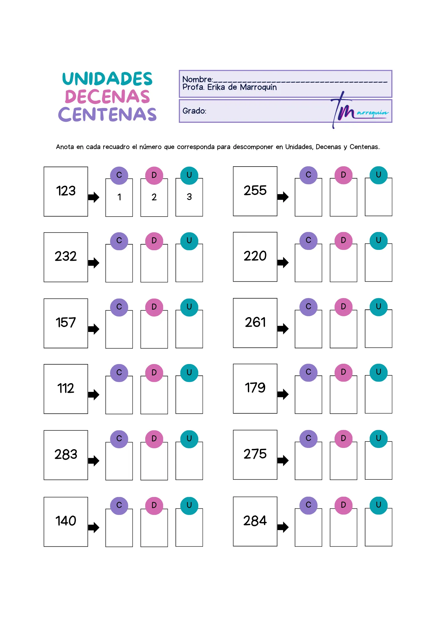 Unidades, decenas y centenas Ficha técnica de valor posicional 2