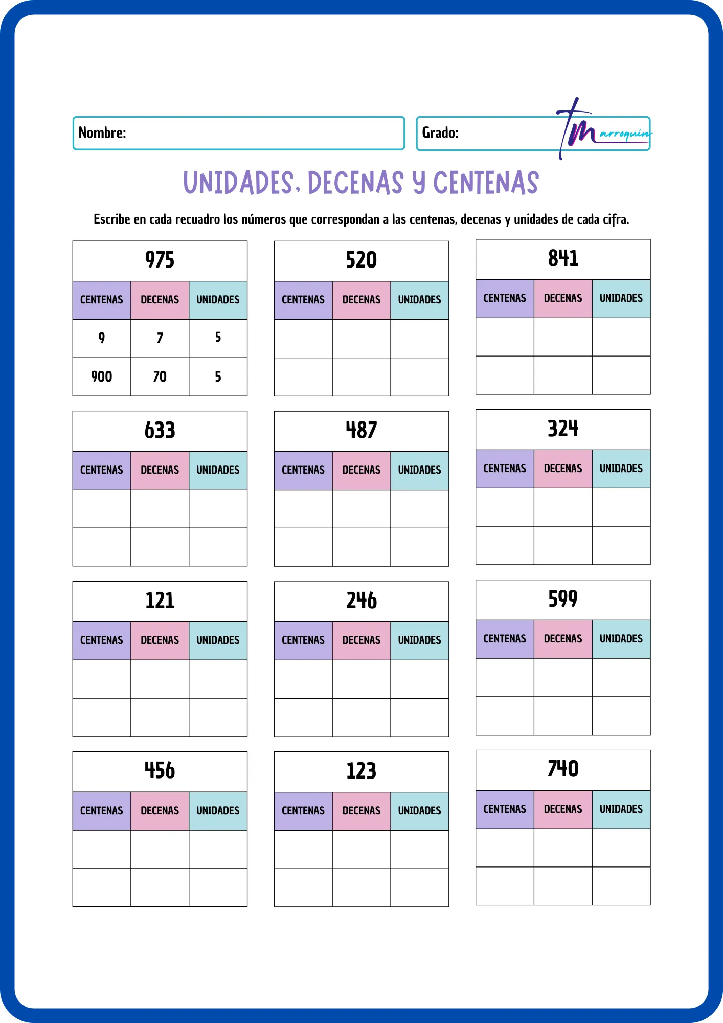 Unidades, decenas y centenas Ficha técnica de valor posicional 3