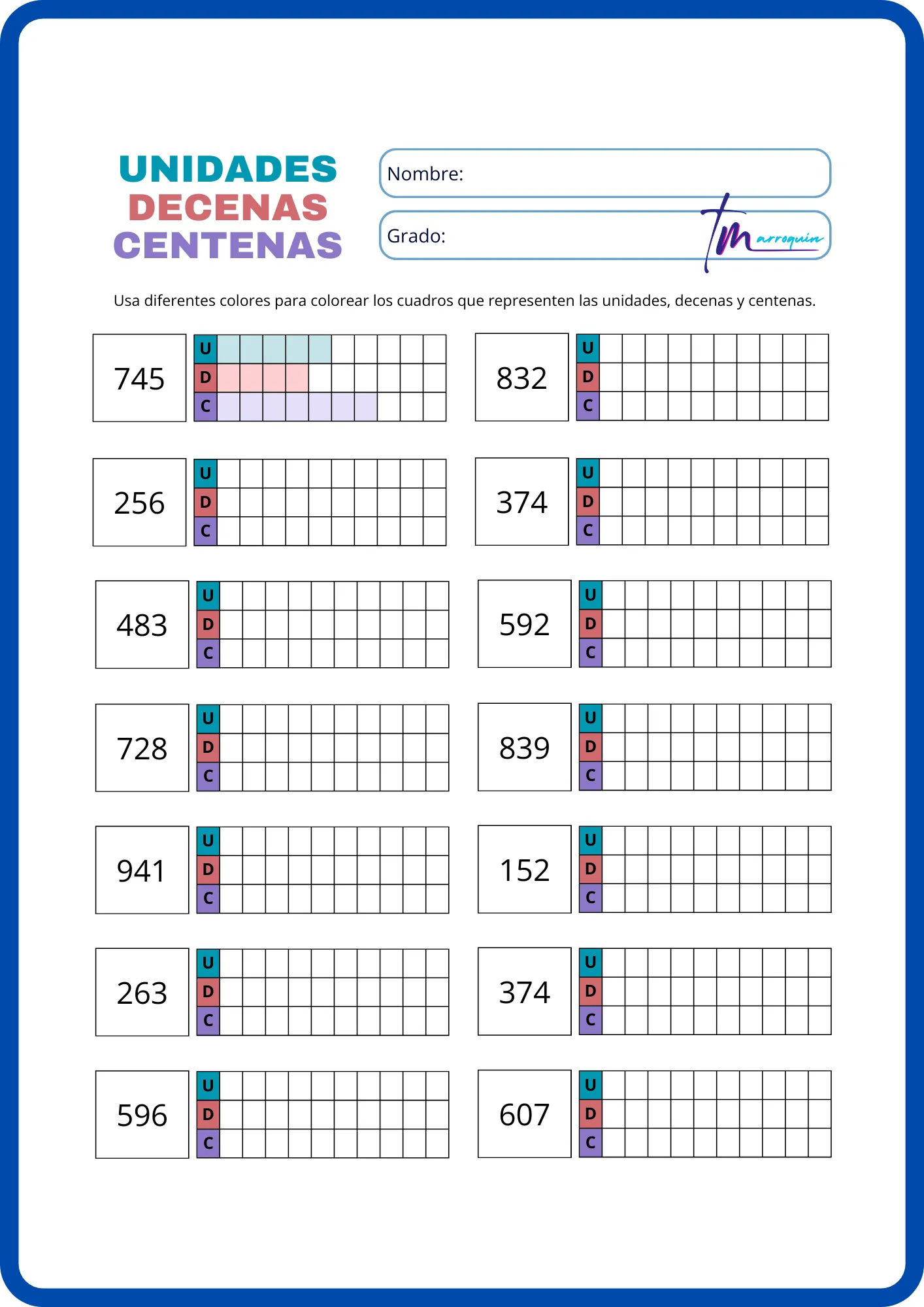Unidades, decenas y centenas Ficha técnica de valor posicional 4